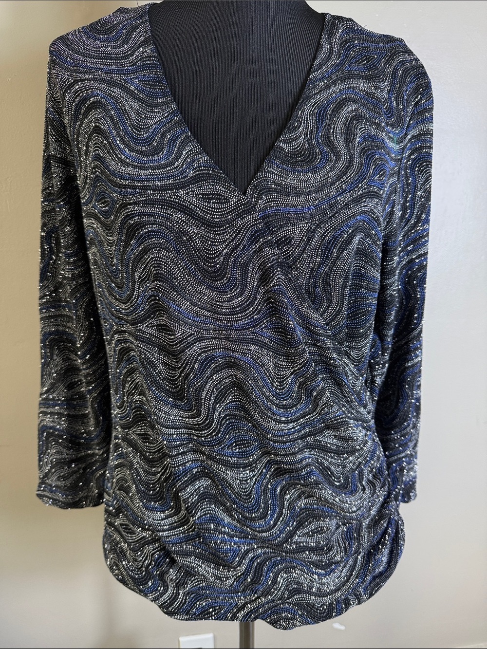 Dressbarn Evening Blouse Faux Wrap Sparkle Wave V-Neck Top Black Blue Silver XL
